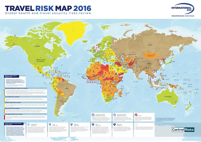 The Travel Risk Map 2016 is the industryu00e2u20acu2122s first integrated medical and travel security risk map for 2016. u00e2u20acu201d Picture courtesy of International SOS 
