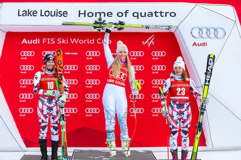 (From left) Cornelia Huetter of Austria, Lindsey Vonn of the United States and Ramona Siebenhofer of Austria take the podium at Lake Louise Ski Resort. u00e2u20acu201d Reuters pic