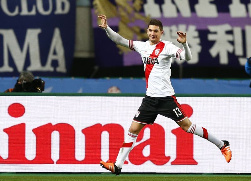 Lucas Alario of Argentine club River Plate celebrates after scoring against Japanu00e2u20acu2122s Sanfrecce Hiroshima, Club World Cup semi-final, Osaka, December 16, 2015. REUTERS/Thomas Peter