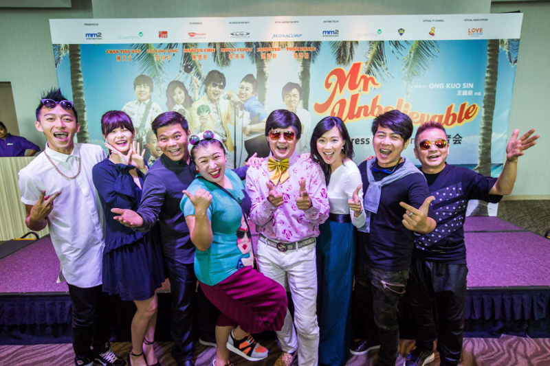Mr Unbelievable's Chen Tianwen with director Ong Kuo Sin and his suppporting cast, Tosh Zhang, Hayley Woo, Liu Ling Ling, Jaime Teo, Roy Li Feihui and Marcus Chin, at the film's press conference in Singapore December 1, 2015. u00e2u20acu201d TODAY/Clover Films pic