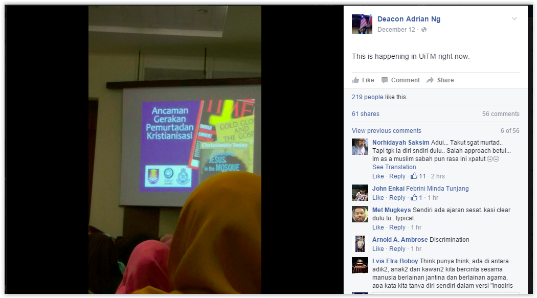 Adrian Ng, a deacon from the Malacca-Johor Catholic diocese, received a photo from one of the participants who attended the lecture. u00e2u20acu201d Screenshot from Facebook/Deacon Adrian Ng