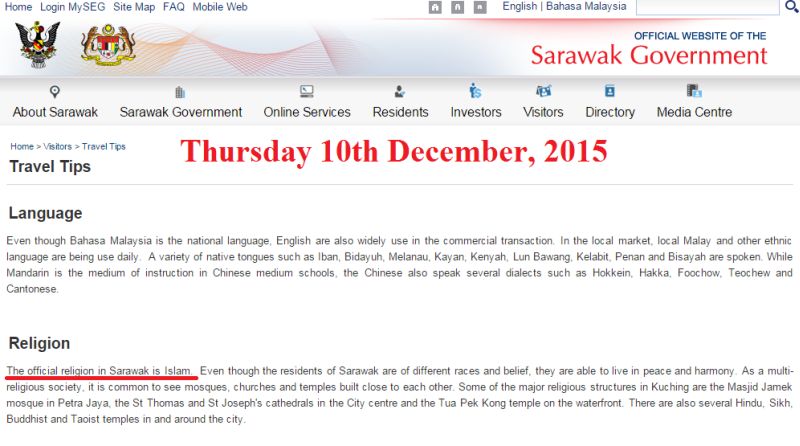 A screen capture of the official website showing before the removal of the claim that Islam is the official religion in Sarawak, December 11, 2015.