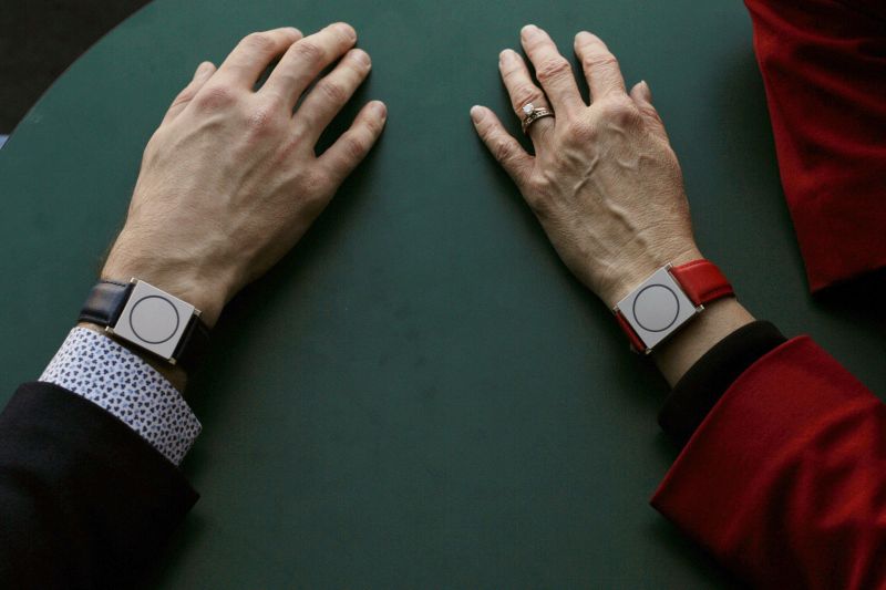The Empatica Embrace device on the wrist of MIT professor Rosalind Picard and Empatica chief scientist (right) and Empatica CEO Matteo Lai, at the Massachusetts Institute of Technology, Cambridge. November 25, 2015. REUTERS/Brian Snyder