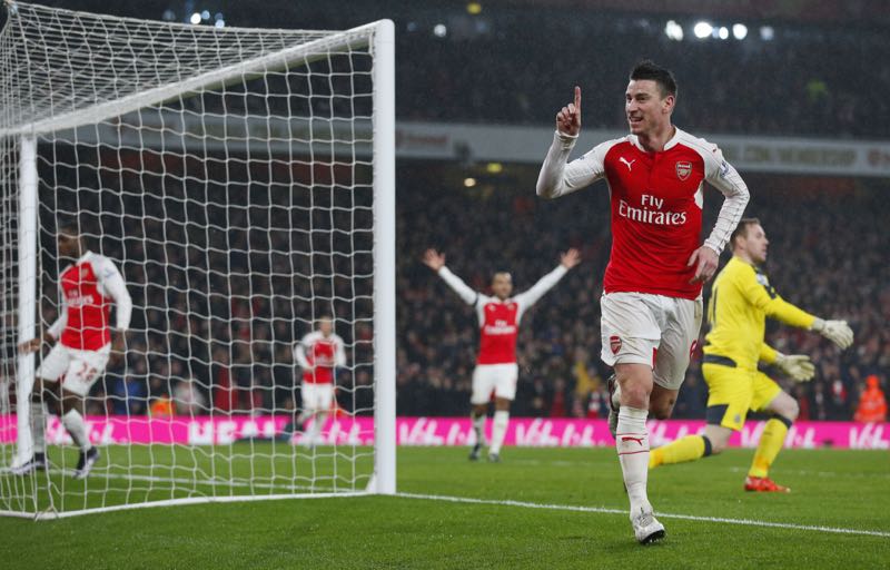 Laurent Koscielny celebrates after scoring the first goal for Arsenal during the match against Newcastle United at Emirates Stadium in London, January 2, 2016. u00e2u20acu201d Reuters/Eddie Keogh Livepic 