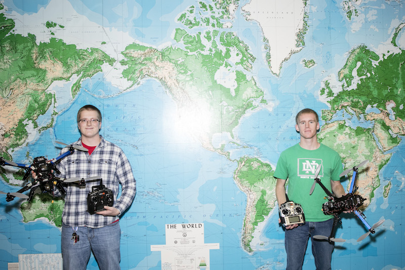Ethan Voigt, left, and Jake Beaver with their quadcopters at the University of North Dakota in Grand Forks, North Dakota, November 24, 2015. u00e2u20acu201d Picture by Tim Gruber/The New York Times