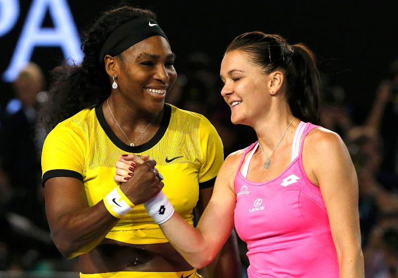 Serena Williams of the US (left) and Poland's Agnieszka Radwanska shake hands after Williams won their semi-final match at the Australian Open tennis tournament at Melbourne Park, Australia, January 28, 2016. u00e2u20acu201d Reuters pic
