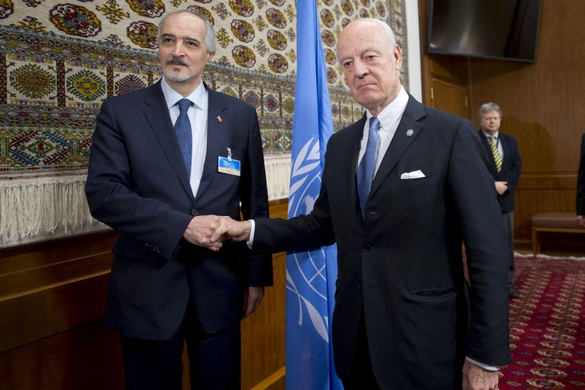 UN envoy Staffan de Mistura shakes hands with Syriau00e2u20acu2122s Ambassador to the United Nations Bashar al Jaafari (left) during the Syria peace talks in Geneva, Switzerland, January 29, 2016. u00e2u20acu201d Reuters pic