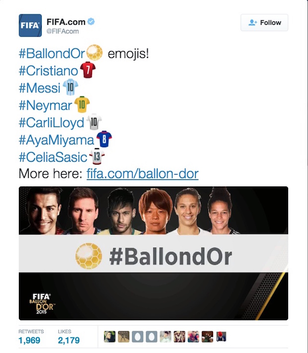Twitter has created jersey emojis for the players they predict could be Ballon du00e2u20acu2122Or winners Monday. u00e2u20acu201d Screen grab from Twitter