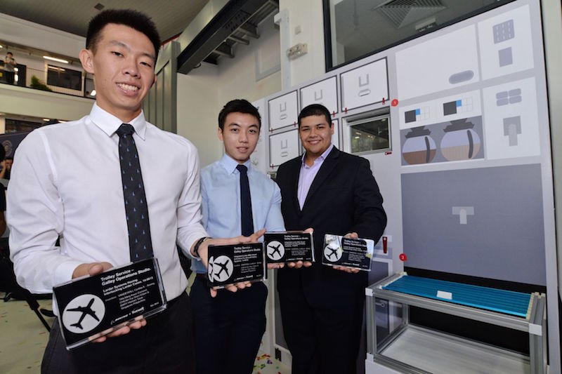 (From left) Elston Cheah Kai Shean, Dexter Tan Jun Yuan and Hisham Tarek Bary were among the six students who developed patents during their time in Singapore Polytechnic, as part of a collaboration with Boeing. u00e2u20acu201d TODAY pic