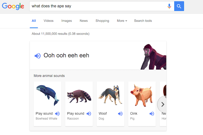 Googleu00e2u20acu2122s fun new Search feature lets you hear what an ape sounds like for real. u00e2u20acu201d Screen grab from Google