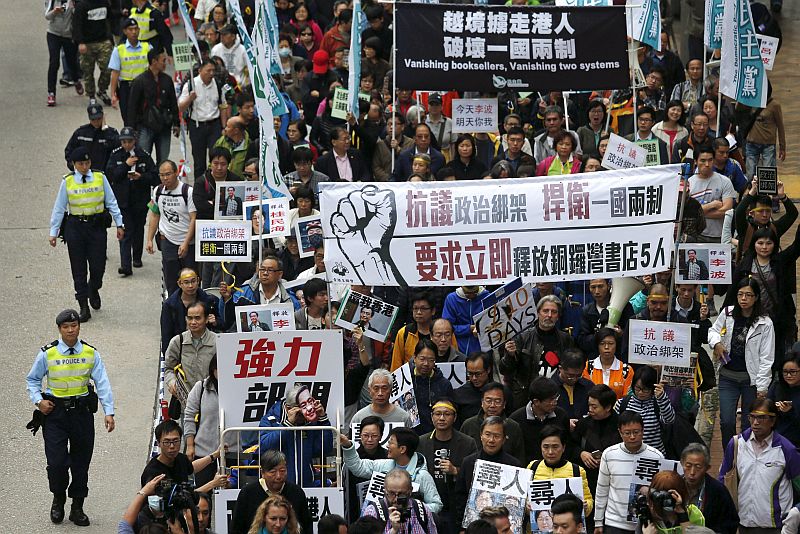 Demonstrators march during a protest over the disappearance of booksellers, in Hong Kong, January 10, 2016. u00e2u20acu201d Reuters pic