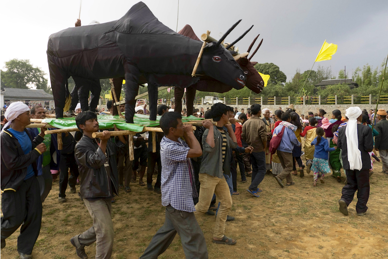 Villagers dance at the Beh Dienkhlam festival in Mosakhia as men carry a life-sized oxen effigy. u00e2u20acu201d Picture by Carla Capalbo/Zester Daily via Reutersn