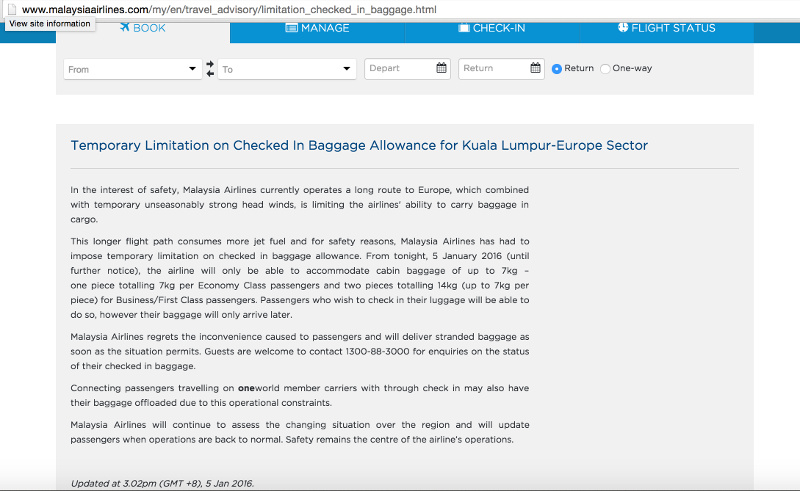A screenshot of the travel advisory on the Malaysia Airlines website posted at 3.02pm January 5, 2016.