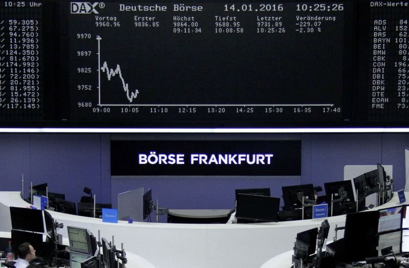 Traders at their desks in front of the German share price index, DAX board, at the stock exchange in Frankfurt January 14, 2016. REUTERS/Staff/Remote