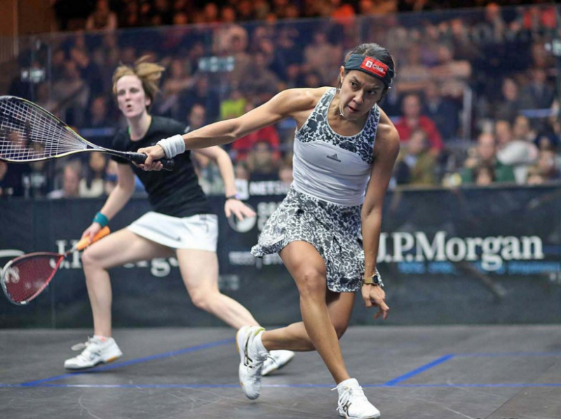 Nicol David (right) Tournament of Champions, New York, January 9, 2016, v UK qualifier Victoria Lust 11-2, 11-2, 11-3. Courtesy squashsite.co.uk
