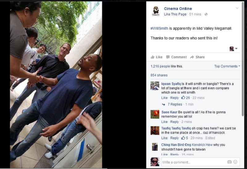 A posting on Cinema Onlineu00e2u20acu2122s Facebook page apparently claims that Will Smith is in town folks!