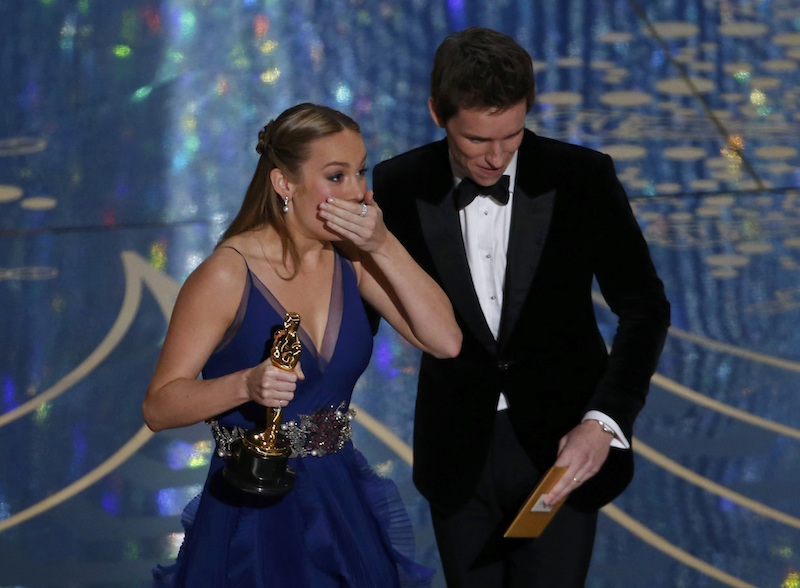 Brie Larson reacts as she takes the stage to accepts the Oscar for Best Actress for her role in u00e2u20acu02dcRoomu00e2u20acu2122 from presenter Eddie Redmayne at the 88th Academy Awards in Hollywood, California February 28, 2016. u00e2u20acu201d Reuters pic
