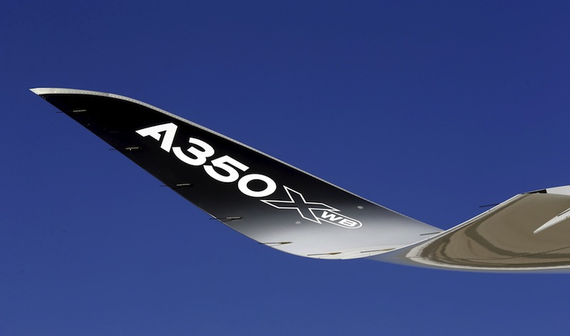A winglet of the Airbus A350 XWB flight-test aircraft is pictured during a media day event at Guarulhos airport in Sao Paulo in this August 7, 2014 file photo. u00e2u20acu201d Reuters pic