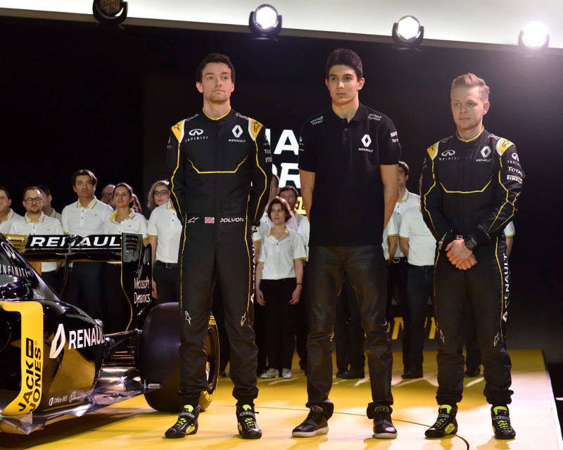 Renault's F1 drivers Jolyon Palmer (left), Kevin Magnussen (right) and reserve driver Esteban Ocon. u00e2u20acu201d Picture by Renault