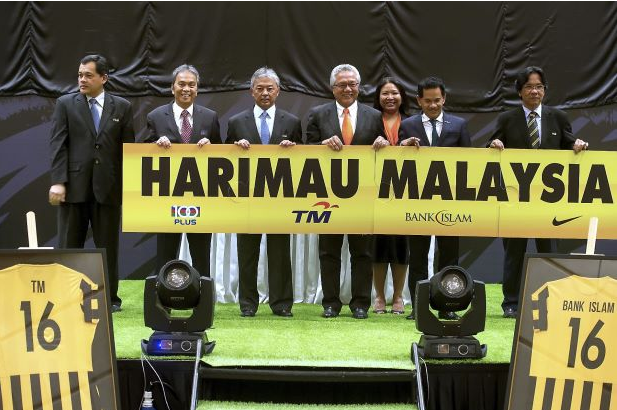 Tengku Mahkota Pahang Tengku Abdullah Sultan Ahmad Shah, president Football Association of Malaysia (third left) with sponsors and officials at the introduction of the sponsors February 2, 2016. u00e2u20acu201d Bernama pic 
