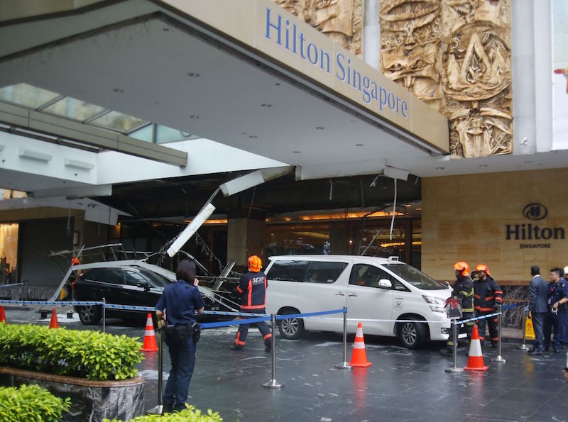 Parts of Hilton Singaporeu00e2u20acu2122s driveway ceiling collapsed after heavy rain in December 2015. u00e2u20acu201d TODAY pic