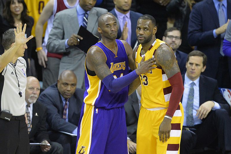 Cleveland Cavaliers forward LeBron James (23) talks with Los Angeles Lakers forward Kobe Bryant (24) near the end of the Cavaliers' win, February 10, 2015. u00e2u20acu201d Picture by David Richard-USA TODAY 