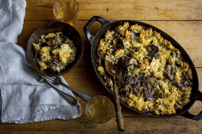 Baked cheesy pasta casserole with wild mushrooms, in New York January 8, 2016. u00e2u20acu201d NYT pic