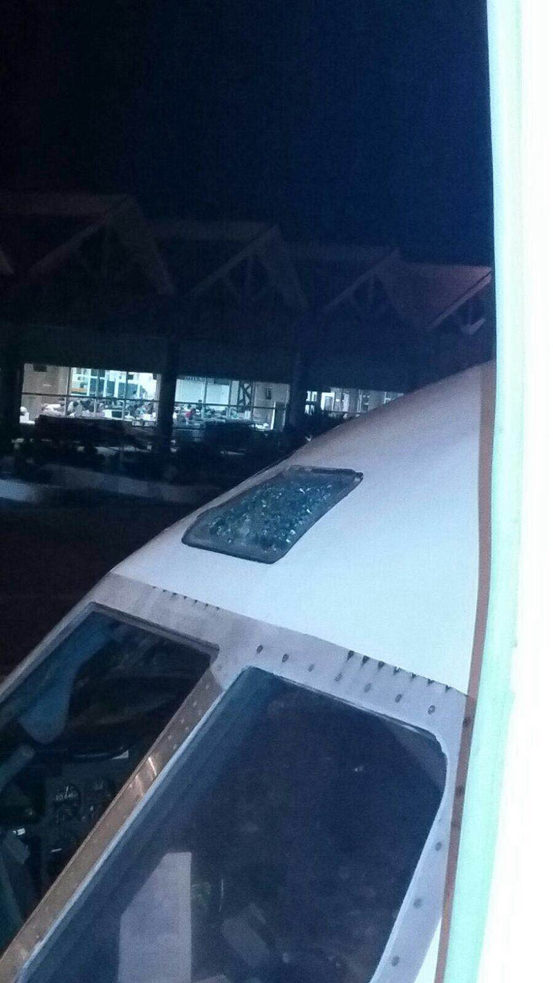 The shattered cockpit window of the Rayani airliner. — Picture courtesy of Rayani Airlines CEO Ravi Alagendrran