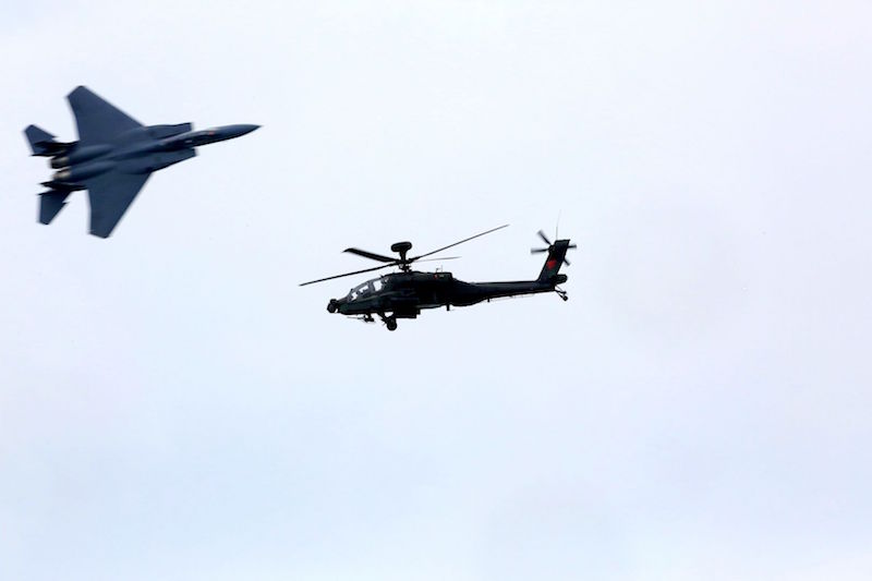 Silhouette of F-15SG fighter aircraft, taken during the media preview at Changi Exhibition Centre, on February 11, 2016. u00e2u20acu201d TODAY pic