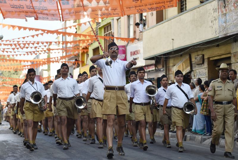 This file photo taken on January 9, 2016, shows the band of Indiau00e2u20acu2122s Rashtriya Swayamsevak Sangh(RSS) as they take part in the u00e2u20acu02dcShrung Ghosh Path Sanchalanu00e2u20acu2122 (Route March by Brass Band) by RSS cadets in Bangalore. u00e2u20acu2022 AFP pic