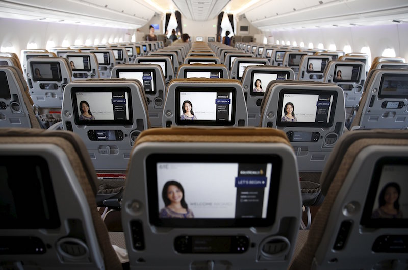 A view of the inflight entertainment screen on the back of economy class seats on the first of 67 new Airbus A350-900 planes delivered to Singapore Airlines at Singaporeu00e2u20acu2122s Changi Airport March 3, 2016. u00e2u20acu201d Reuters pic
