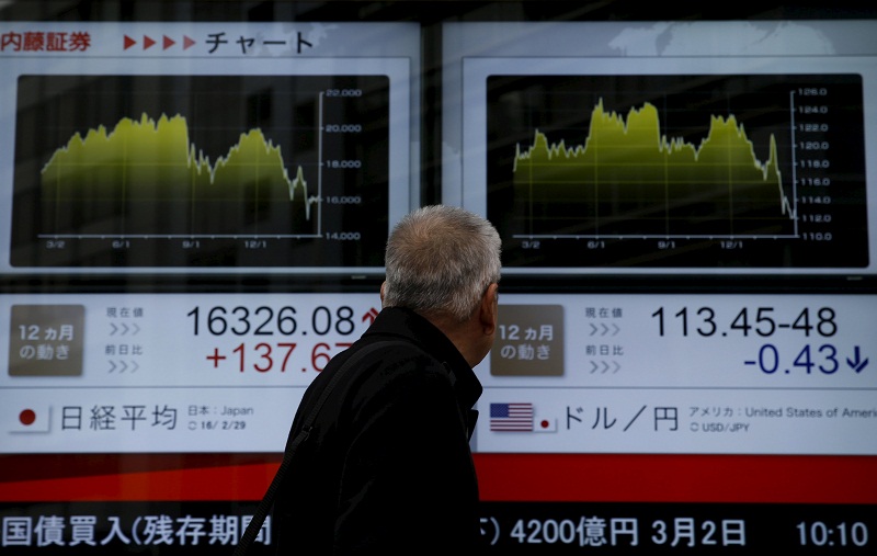 A man looks at an electronic board showing the graphs of the recent fluctuations of the exchange rate between Japanese yen against the US dollar (right) and the graphs of the Japanu00e2u20acu2122s Nikkei average outside a brokerage in Tokyo February 29, 2016. u00e2u20acu201d Reu