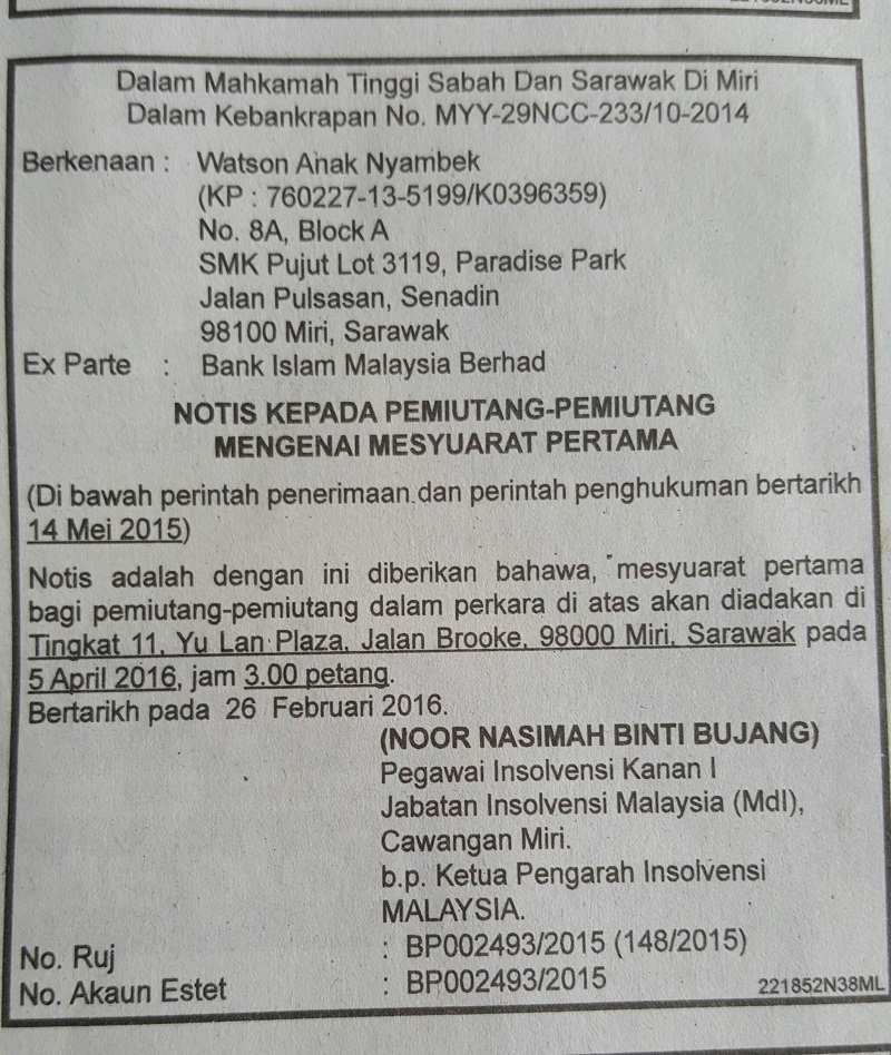 A notice announcing Watson’s bankruptcy published in The Borneo Post March 4, 2016.
