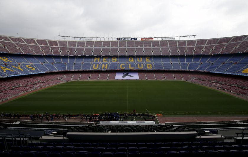 A black ribbon is seen in the grandstands of Camp Nou stadium during the Johan Cruyff memorial in Barcelona, Spain, March 26, 2016. u00e2u20acu201d AFP pic