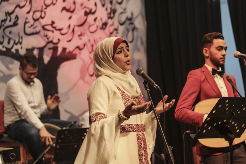 The band Dawaween, including Rawan Okasha, left, and Raouf Belbeisi perform at a theatre in Gaza City, March 10, 2016. u00e2u20acu201d Picture by Wissam Nassar/The New York Times