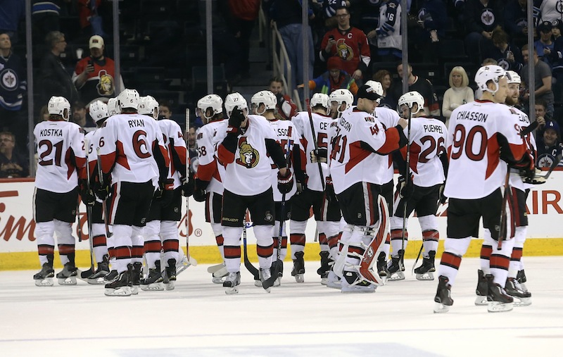 Ottawa Senators celebrate their win over the Winnipeg Jets at MTS Centre. Ottawa Senators win 2-1. u00e2u20acu201d Reuters pic