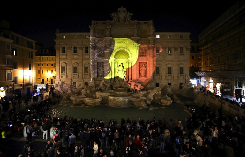 The black, yellow, and red colours of the Belgian flag are projected on the Trevi fountain in Rome, Italy, in tribute to the victims of today's Brussels bomb attacks March 22, 2016. u00e2u20acu201d Reuters pic