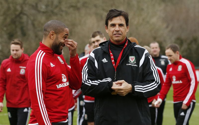 Wales manager Chris Coleman (right) and Ashley Williams during training ahead of N. Ireland clash in Cardiff tomorrow. u00e2u20acu2022 Reuters pic