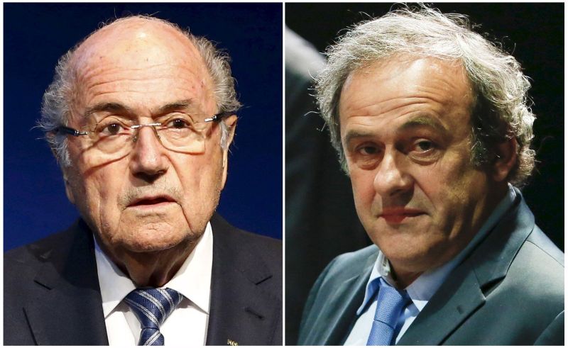 Combination file photograph Fifa president Sepp Blatter, news conference Fifa headquarters, Zurich, June 2, 2015. Uefa president Michel Platini (R) 65th Fifa Congress May 29, 2015. REUTERS/Ruben Sprich/Files