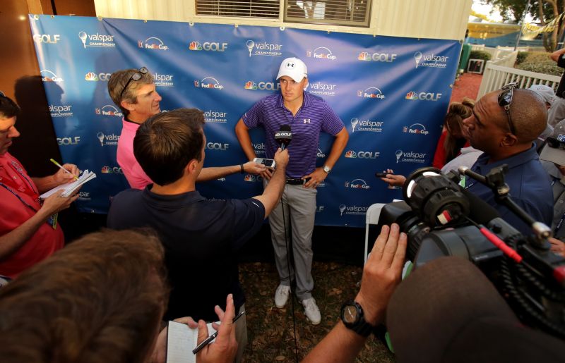Jordan Spieth speaks to the media after his second round, Valspar Championship, Innisbrook Resort Copperhead Course, March 11, 2016, Palm Harbour, Florida. Mike Lawrie/Getty Images/AFP 