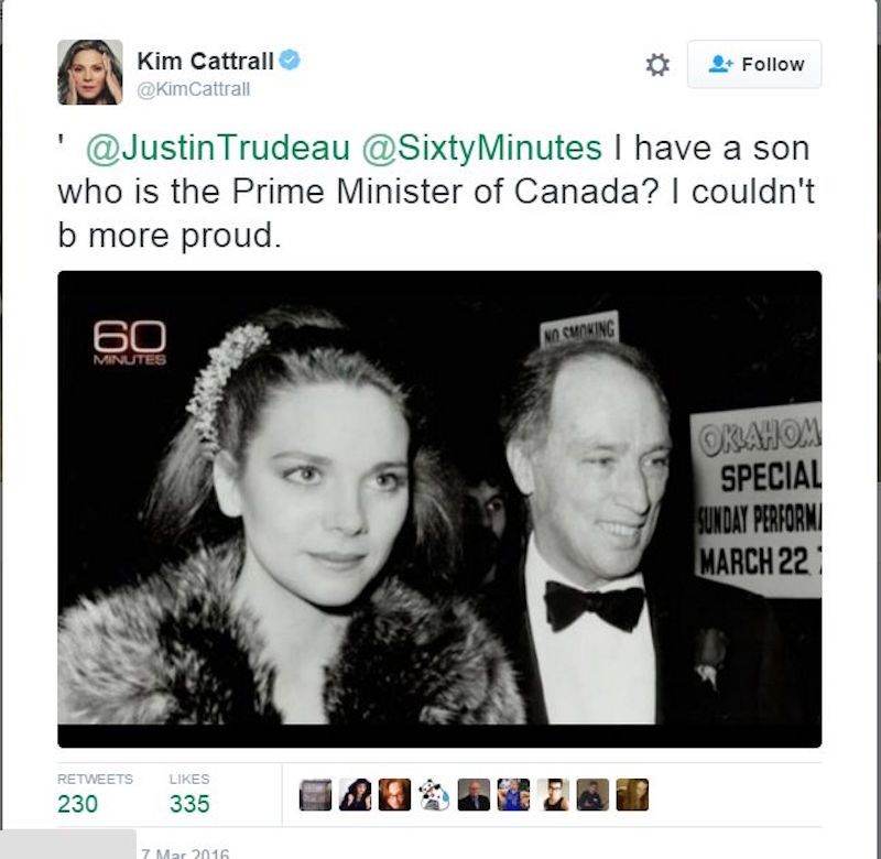 Cattrall quipped that she u00e2u20acu02dccouldnu00e2u20acu2122t be more proudu00e2u20acu2122 to have a son who is the prime minister of Canada. u00e2u20acu201d Screen grab from Twitter.com/KimCattrall