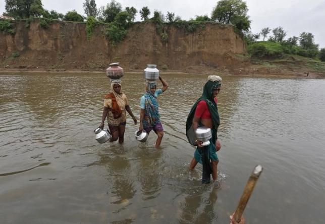 Village women carry empty metal pitchers as they wade through the waters of river Harin to fetch drinking water near Sajjanpura village in Gujarat August 5, 2014.REUTERS/AMIT DAVE/FILES