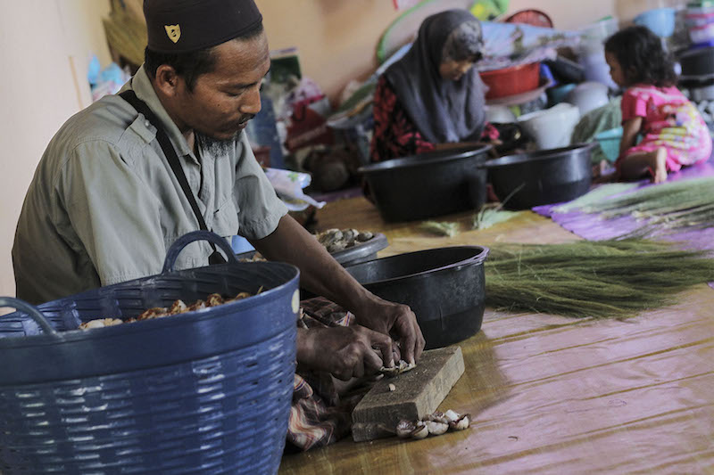 Basori Mt Akib, 39 collects buah pinang and makes brooms from riong trees to supplement his income when rubber milk is low. ― Picture by Yusof Mat Isa