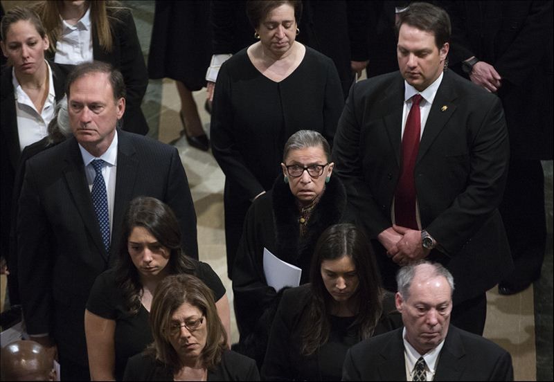US Supreme Court Justice Ruth Bader Ginsburg (centre) depart fellow Associate Justice Antonin Scalia's funeral Mass at the Basilica of the National Shrine of the Immaculate Conception in Washington, February 20, 2016. u00e2u20acu201d Reuters pic 