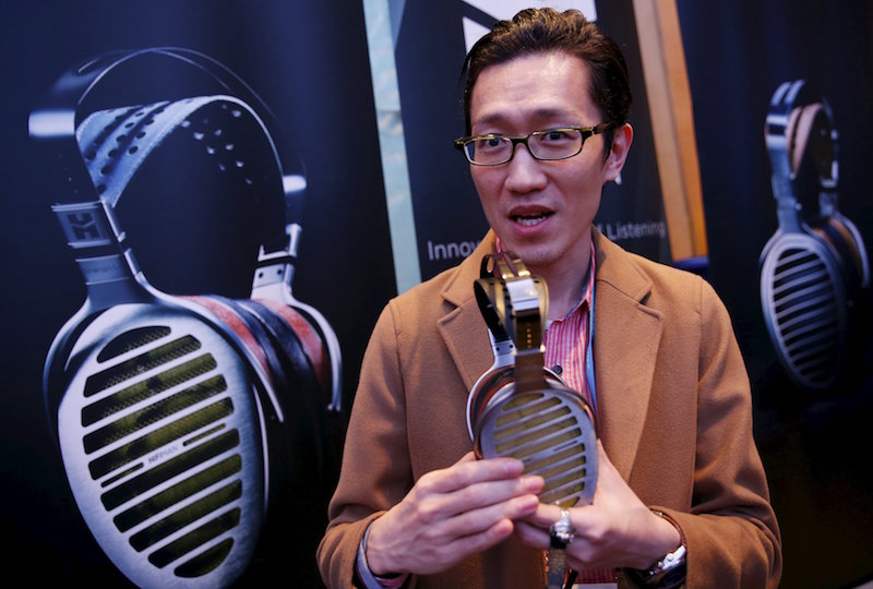 Chinese headphone company Hifiman’s Ricardo Yeh speaks about his product during the CanJam headphone and personal audio expo in Singapore February 21, 2016. — Reuters pic