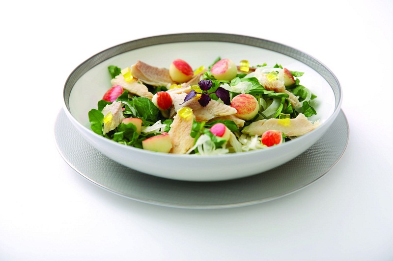 Singapore Airlines is now Deliciously Wholesome meals under its Book A Cook service which includes this Duo of Watercress Salad and Smoked Trout With Shaved Fennel, Apples and Yuzu Jelly in Maple Vinaigrette by chef Matt Moran.