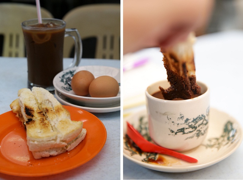 The breakfast set consists of kaya toast, soft boiled eggs and your choice of drink for RM4.50 (left); enjoy your toast by dunking it into coffee.