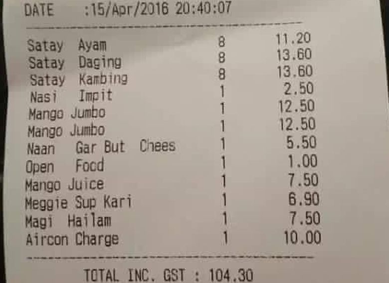 The picture of a receipt dated April 15 from a Mamak restaurant in Bangsar displaying an air conditioning charge of RM10, went viral on social media, and drew flak from the public. 