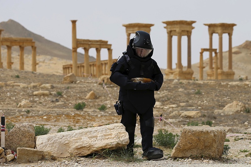 A Russian army sapper works at the historic part of Palmyra, Syria, in this handout photo released by Russian Ministry of Defence on April 9, 2016. u00e2u20acu201d Reuters pic