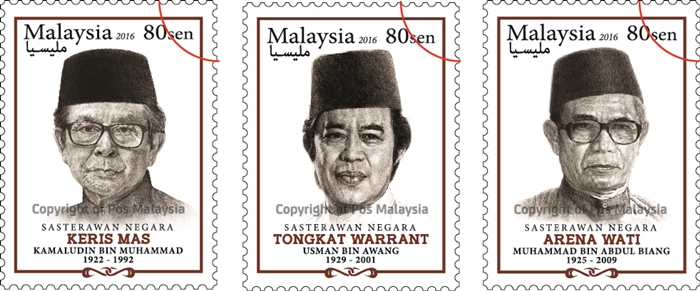 Kamaluddin Muhammad (Keris Mas), Usman Awang (Tongkat Warrant) and Muhammad bin Abdul Biang (Arena Wati) are featured in the National Laureates stamp series. — Picture courtesy of Pos Malaysia